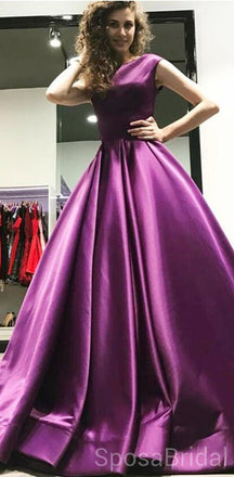 A-Line Bateau Floor-Length Pleated Purple Satin Modest Long Simple  Prom Dresses, PD1246