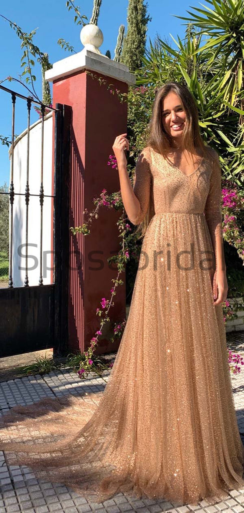A-Line Champage Sequin Tulle V-Neck Sparkly Stunning Long Prom Dresses PD1966