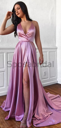 A-Line Cheap V-Neck Side Slit Spaghetti Straps Simple Long Prom Dresses PD1513