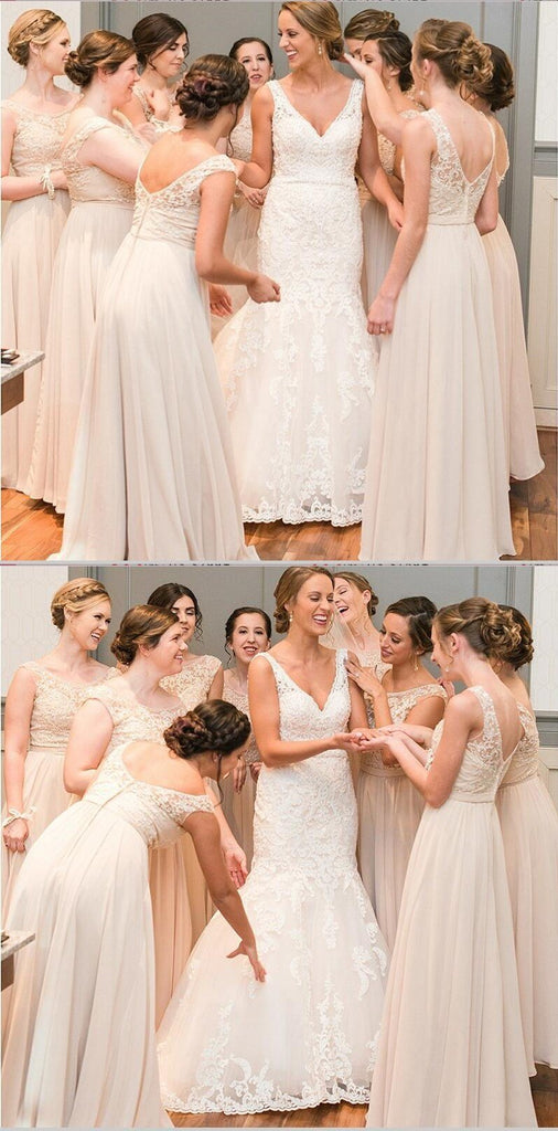 A-Line Chiffon Cheap Top Lace V-Back Scoop Long Peach Modest Unique Newest Bridesmaid Dresses , WG262 - SposaBridal