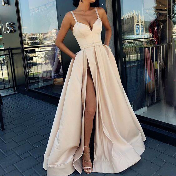 A-Line Formal Custom Spaghetti Straps Long Side-slit Prom Dress, PD094 – SposaBridal A-Line Formal Custom Spaghetti Straps Long Side-slit Prom Dress, PD094 – SposaBridal
