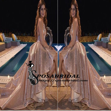 A-Line Halter Backless High Low Gold Sequined Prom Dress with Appliques, Long Prom Dress ,Evening Gowns, PD0775 - SposaBridal