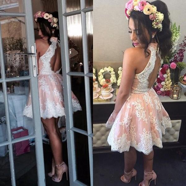 Popular Modest Junior High Neck Appliques Short Lace Homecoming Dresse SposaBridal Popular Modest Junior High Neck Appliques Short Lace Homecoming Dresse SposaBridal