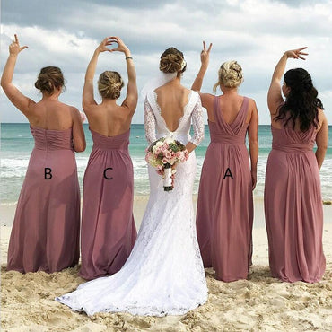 A-Line  Long Dusty Pink Chiffon Cheap Modest Sexy Unique Soft Elegant Hot Sale Mismatched Bridesmaid Dresses Online, WG259 - SposaBridal