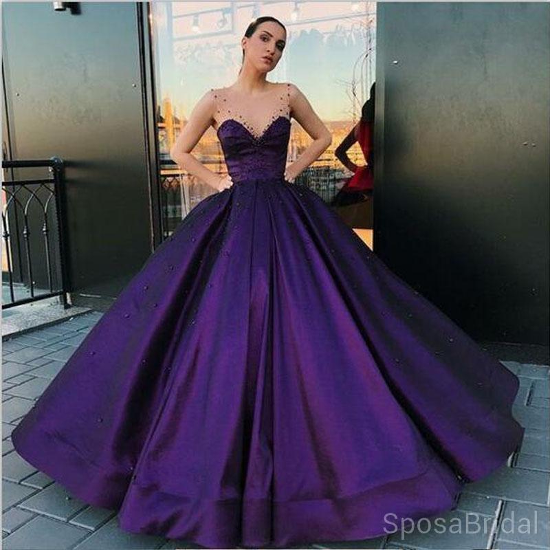 Shiny V Neck Purple Prom Dresses, V Neck Purple Long Formal Evening Dr -  shegown