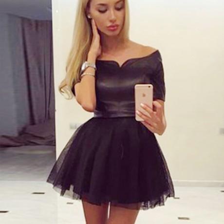 Simple Cheap Junior A-Line Off-the-Shoulder Short Black Tulle Homecoming Dresses,BD0253