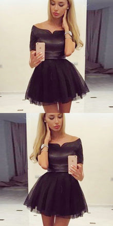 Simple Cheap Junior A-Line Off-the-Shoulder Short Black Tulle Homecoming Dresses,BD0253