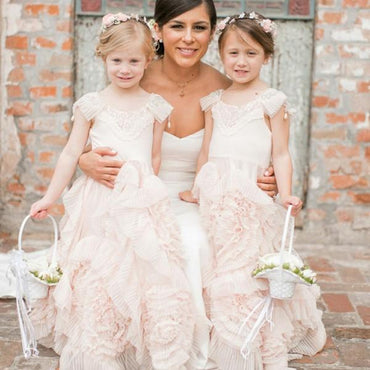 A-Line Round Neck Pearl Pink Unique Design Cap Sleeves Flower Girl Dresses, Fashion Little Girl Dresses, FG102 - SposaBridal