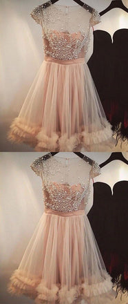 A-Line Short Cheap Cap Sleeves Tulle  Beautiful Homecoming Dresses with Beading Homecoming Dresses, BD0234 - SposaBridal