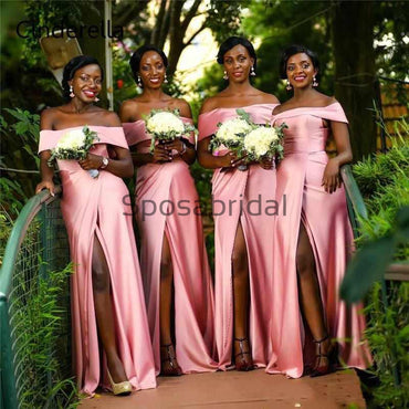 A-Line Side Slit Off The Shoulder Floor Length Bridesmaid Dresses WG606