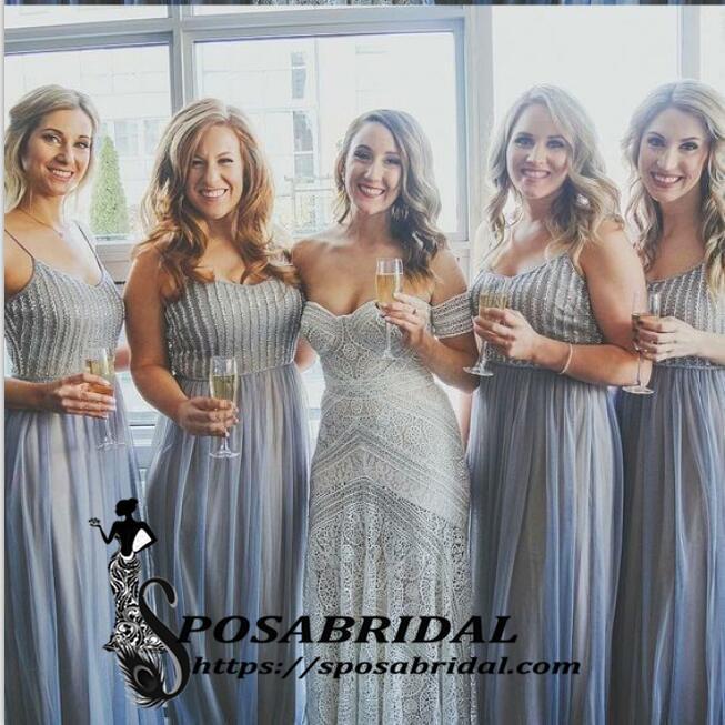 A-Line Spaghetti Straps Blue Sparkly Unique Elegant Hot Bridesmaid Dresses with Sequins,WG329 - SposaBridal