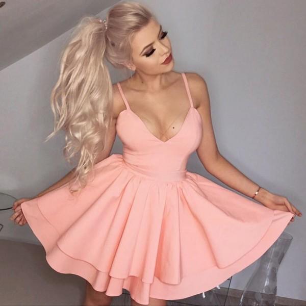 A-Line Spaghetti Straps Short Pink Satin Homecoming Dress with Pleats, SposaBridal A-Line Spaghetti Straps Short Pink Satin Homecoming Dress with Pleats, SposaBridal