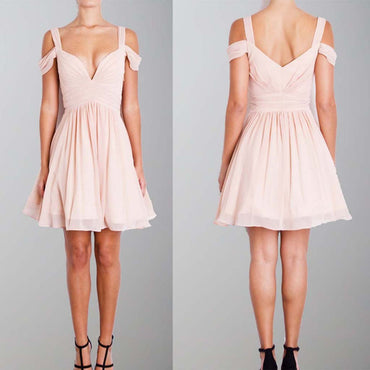 A-Line Straps Pink Short Chiffon Homecoming Dress, Off the Shoulder Bridesmaid Dresses, WG258 - SposaBridal