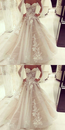 Cheap Long A-Line Sweetheart Floor-Length Tulle Wedding Dresses with Appliques, WD0338 - SposaBridal