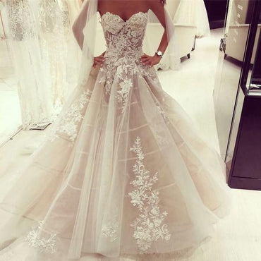 Cheap Long A-Line Sweetheart Floor-Length Tulle Wedding Dresses with Appliques, WD0338 - SposaBridal