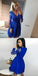A-Line V-Neck Long Sleeves Royal Blue Homecoming Dress with Lace,BD0063 - SposaBridal