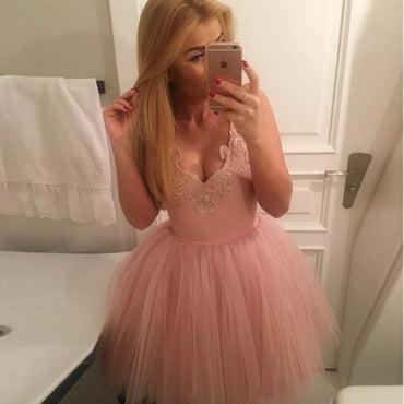 A-Line V-Neck Short Blush Appliques Homecoming Dress , Short Bridesmaid Dresses, WG102 - SposaBridal