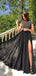 A-line Black Cap Sleeves Open Back Sparkly Modest Prom Dresses, PD2271