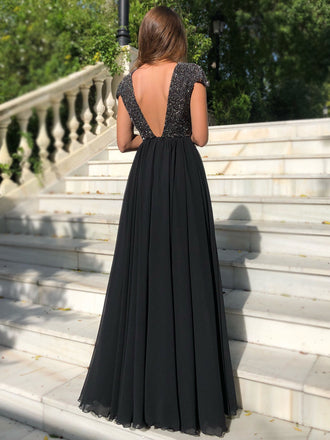 A-line Black Cap Sleeves Open Back Sparkly Modest Prom Dresses, PD2271