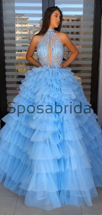 A-line Blue High Neck Tulle Gorgeous Long Prom Dresses, Ball Gown PD2181