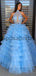A-line Blue High Neck Tulle Gorgeous Long Prom Dresses, Ball Gown PD2181