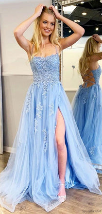 A-line Ice Blue Lace Spaghetti Straps Side-slit Prom Dresses, PD2127