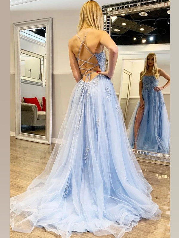 A-line Ice Blue Lace Spaghetti Straps Side-slit Prom Dresses, PD2127 SposaBridal A-line Ice Blue Lace Spaghetti Straps Side-slit Prom Dresses, PD2127 SposaBridal