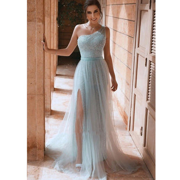 A-line Blue One Shoulder Side Slit Sequin Prom Dresses PD2402