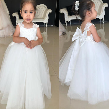 A-line Cap Sleeves Ivory Tulle Popular Flower Girl Dresses with Bow, FG143