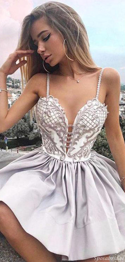 Sexy A-line Gray Spaghetti Strap Lace Backless Cheap Short Homecoming Dresses, BD0425