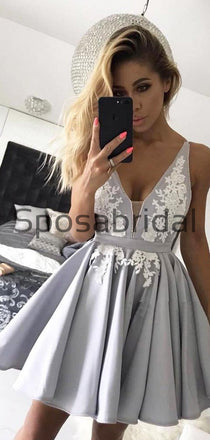 A-line Gray Spaghetti Straps V-Neck Popular Homecoming Dresses BD0426