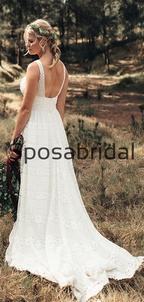 A-line Lace Chic Elegant Rustic Beach Long Wedding Dresses WD0543