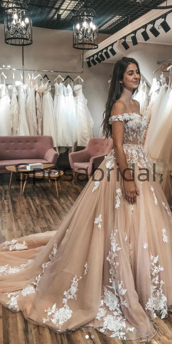 champagne vintage wedding dress Vintage Champagne Tulle sleeve wedding dress with V-Neck, Appliques, Ruffles, and Sleeves