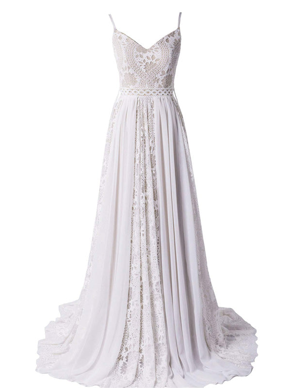 Charming Boho Spaghetti Strap A-line Lace Long Beach Wedding Dresses, WD0596