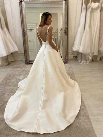 A-line Lace V-Neck Vintage Satin Country Romantic Wedding Dresses WD0378