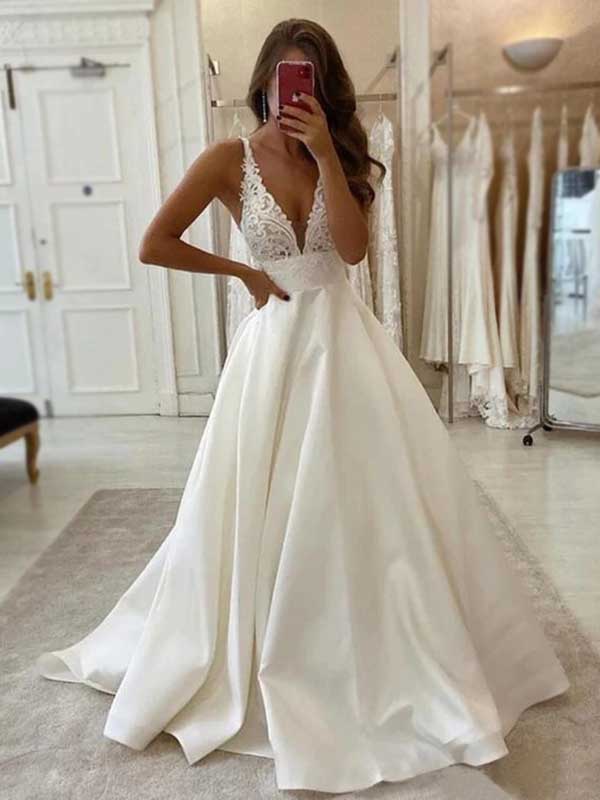 A-line Lace V-Neck Vintage Satin Country Romantic Wedding Dresses WD03 – SposaBridal A-line Lace V-Neck Vintage Satin Country Romantic Wedding Dresses WD03 – SposaBridal