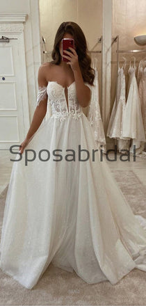A-line Lace Vintage Sparkly Off the shoulder Wedding Dresses, Modest Prom Dresses WD0371