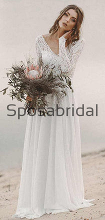 A-line Long Sleeves Chiffon Lace Vintage Long Wedding Dresses WD0536