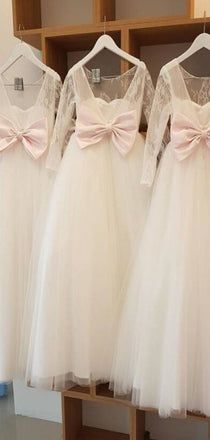 A-line Long Sleeves Ivory Tulle Lovely Flower Girl Dresses with bow FG147