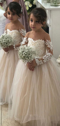 A-line Long Sleeves Lace Tulle Hot Sale Flower Girl Dresses FG148