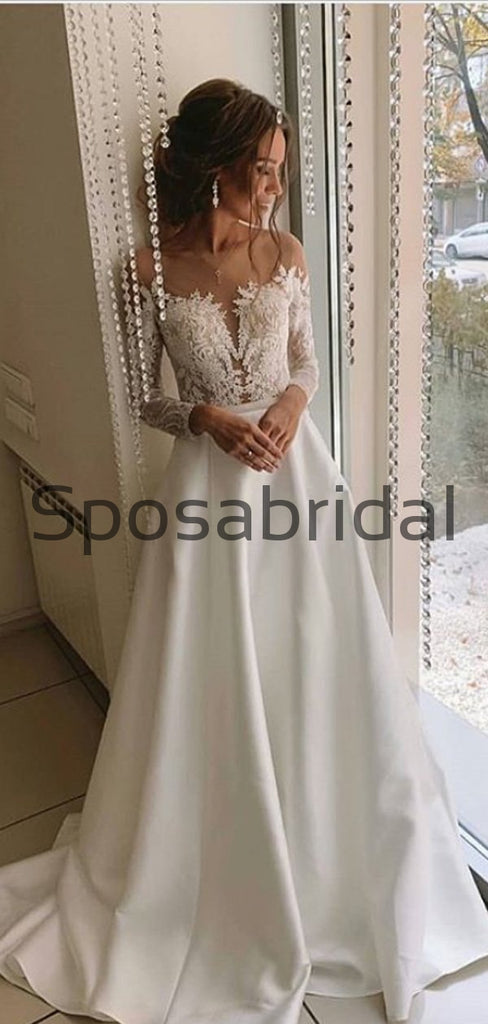 A-line Long Sleeves Satin Modest Vintage Wedding Dresses WD0379