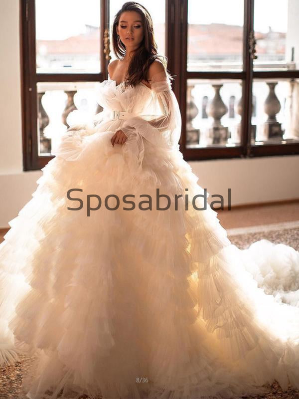 A-line Long Sleeves Tulle Princess Country Wedding Dresses,  Prom Dresses WD0400