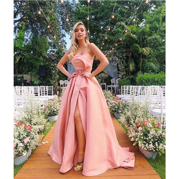 A-line Modest Strapless Pink Satin Prom Dresses PD2348