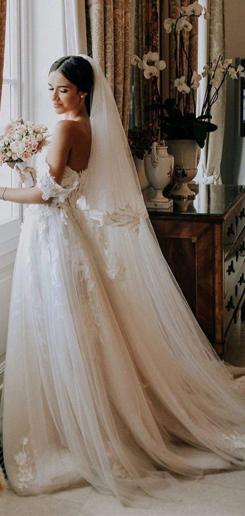 Vintage A-line Off the Shoulder Lace Romantic Long Wedding Dresses, WD0612