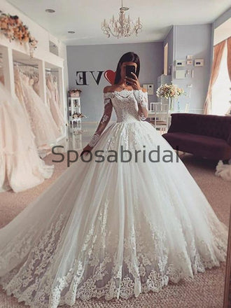 A-line Off the Shoulder Modest Lace Romantic Wedding Dresses  WD0404