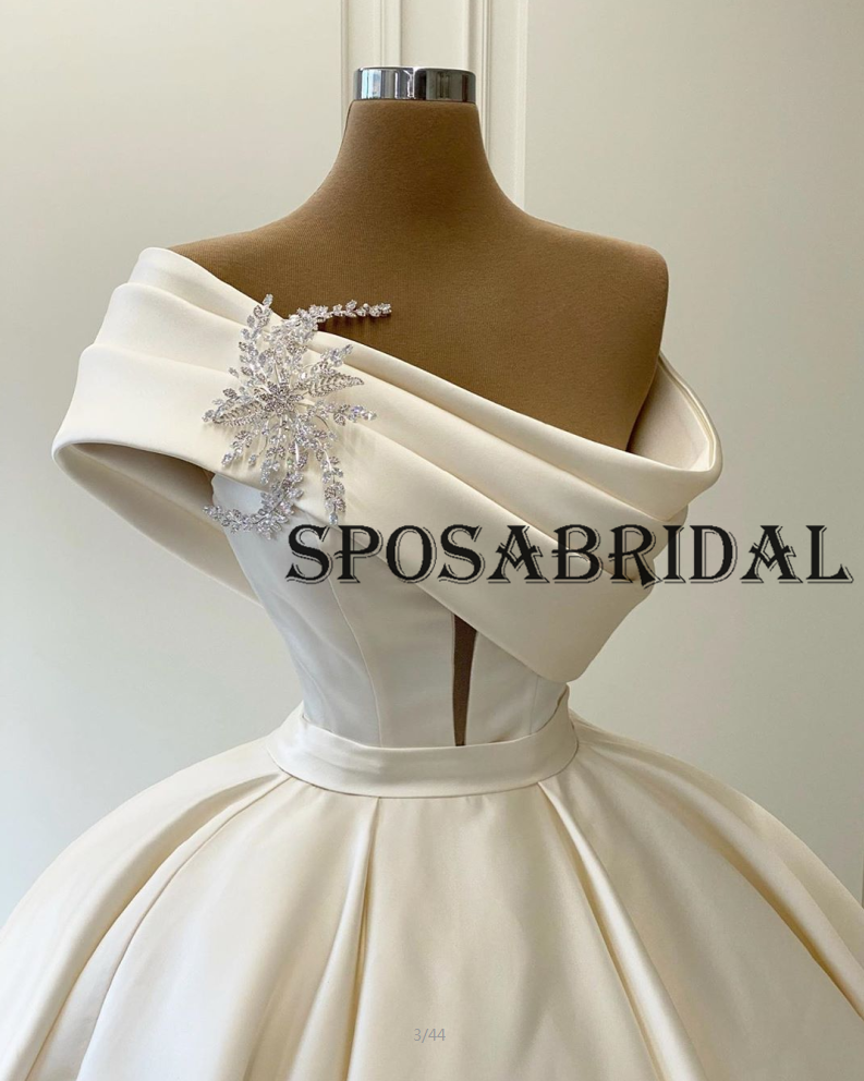 Elegant A-line One Shoulder Satin Wedding Dress, Wedding Gown, WD0599