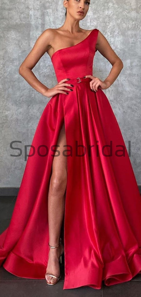 A-line One Shoulder Red Satin Simple Modest Prom Dresses PD2152
