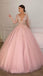 A-line Pink Long Sleeves Tulle Modest Long Prom Dresses, Ball Gown PD2187