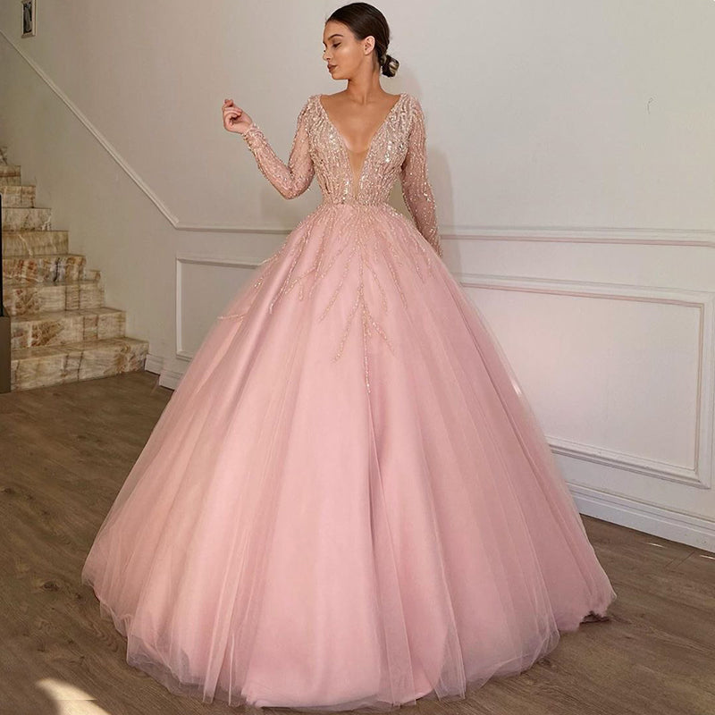 A-line Pink Long Sleeves Tulle Modest Long Prom Dresses, Ball Gown PD2187