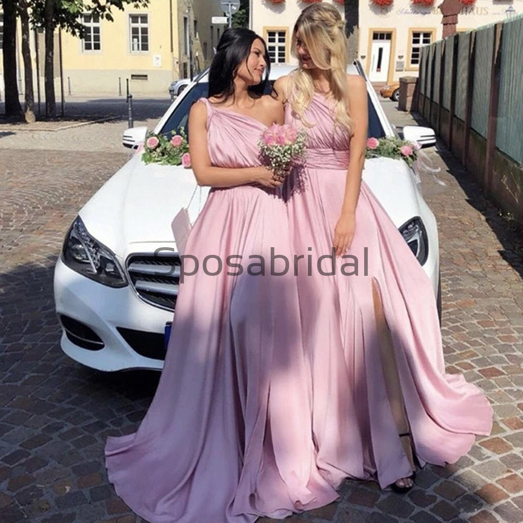 A-line Pink One Shoulder Long Formal Bridesmaid Dresses WG746